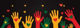 an illustration of red, yellow and green hands with hearts on their palms