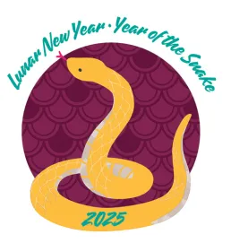 Illustrative yellow snake in front of a purple circle with the words, "Lunar New Year. Year of the Snake. 2025""