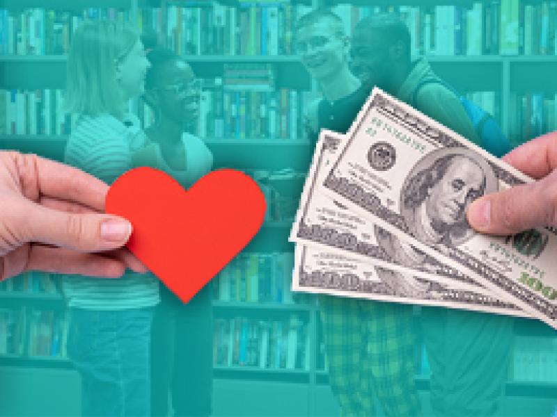 image of two hands, one holding a heart and one holding money