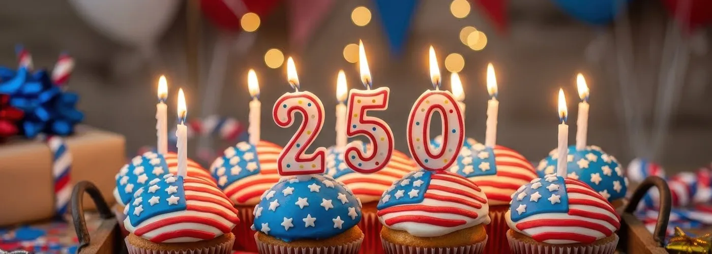 a dozen cupcakes with american flags in the frosting, and candles that read 250