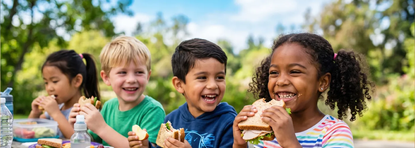 a group of children eating lunch outside