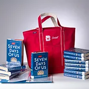 An example book club kit showing a tote bag and books.