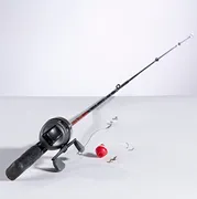 Black fishing pole with red bobber.