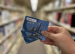 Hand holding several Charm Cards in a library