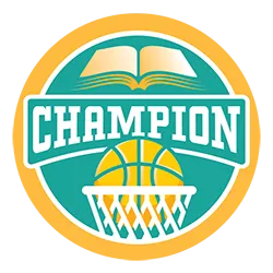 Circular logo with the word, "Champion" above a basketball hoop