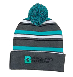 Striped knit hat with Baltimore County Public Library logo