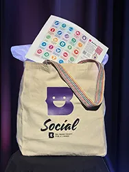 Tote bag with Baltimore County Public Library's "B Social" slogan and logo